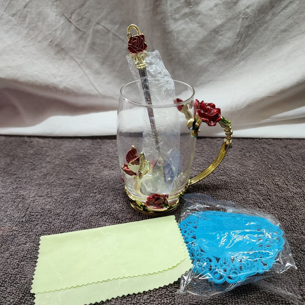 New in Box LOVE flower enamel flower tall glass with matching spoon X